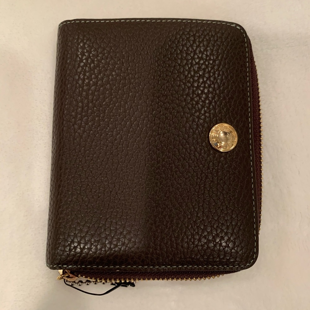 NWOT, DKNY leather wallet. Brown outside/ green